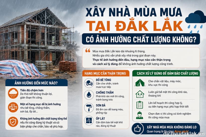 Xây nhà mùa mưa tại Đắk Lắk có ảnh hưởng chất lượng không